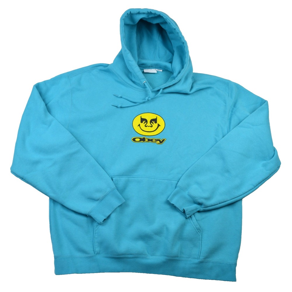 Obey Hoodie Pullover Aqua Blue, Grin Yellow Graphic Heavyweight Men's 2XL